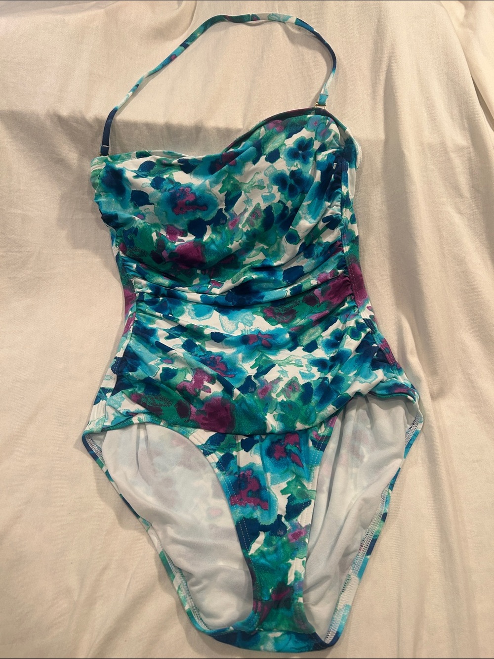 Tommy Bahama Teal, Blue & Purple Watercolor Floral Swimsuit Removable Halter